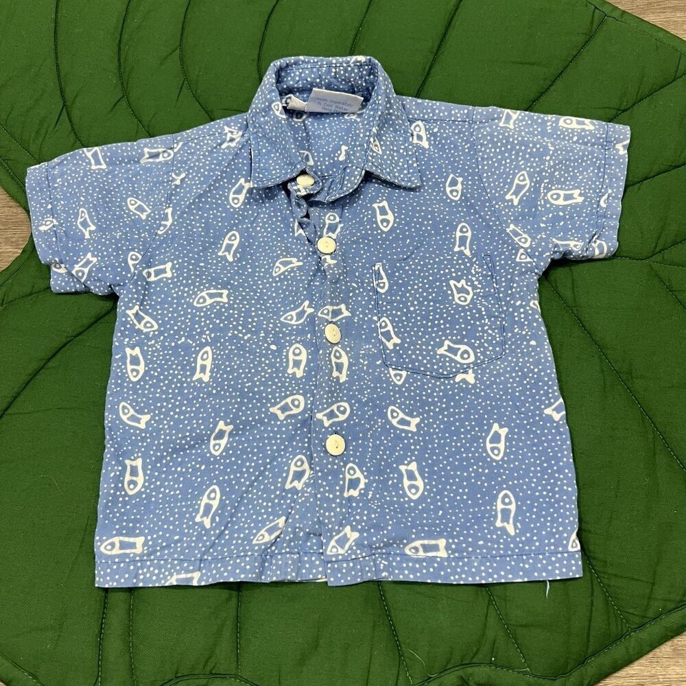 Blue Ginger Hawaii 18M Blue Fish Print Aloha Button Down Rayon Shirt